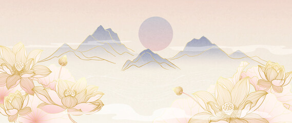Luxury lotus flower gold line background vector. Elegant pink lotus flowers with oriental lotus flower, leaf, mountain, cloud. Design for decor, wallpaper, product, banner, card, backdrop.