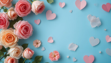 Fototapeta premium Title: Romantic Floral Arrangement with Soft Pink Roses and Scattered Paper Hearts