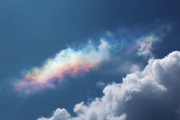 Iridescent cloud with rainbow colors in blue sky, atmospheric optical phenomenon showing light diffraction and weather beauty