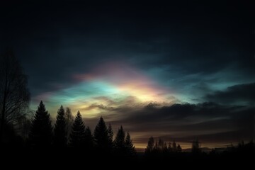 Dramatic iridescent cloud at twilight, rare atmospheric phenomenon glowing with rainbow colors above dark forest silhouette