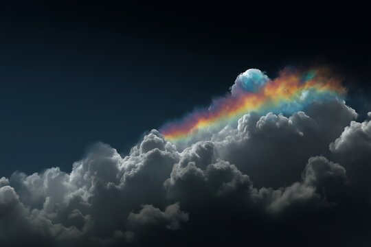 Vivid iridescent cloud formation above dark storm clouds, rare rainbow-colored atmospheric phenomenon in dramatic night sky