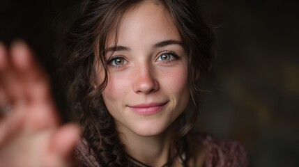 Naklejka premium A peaceful young woman with gentle eyes offers her hand calmly. Her happy face glows with meditative energy.