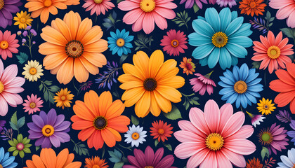 Fototapeta premium Title: Vibrant Floral Pattern with Multicolored Blooms on a Dark Background