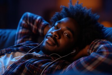 A young man relaxes on a couch, smiling and listening to music with earphones in a cozy, softly lit room.
