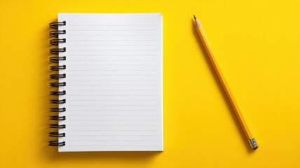 Blank notebook and pencil on a vibrant yellow background, ideal for creative projects.