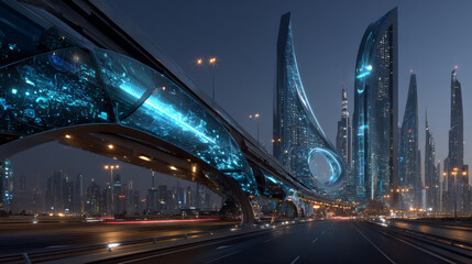 Road leads to futuristic city with unusual fantastic multistorey buildings. Cartoon vector landscape of future cyber high technology downtown with empty highway and streetlights, blue sky with clouds.