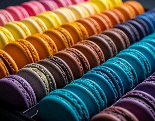 Close-up of vibrant, multicolored macarons arranged in perfect rows, showcasing a variety of flavors and bold hues.