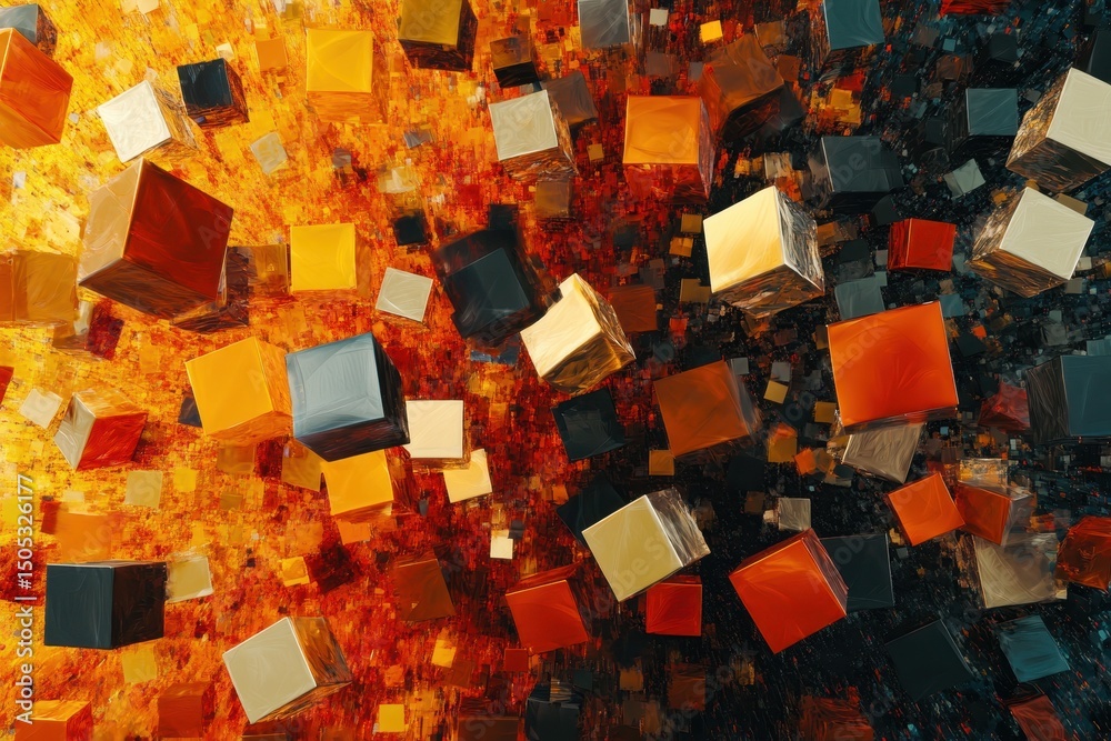 Poster Falling cubes create a dynamic abstract display in vibrant colors and geometric shapes, 4K Abstract Falling Cubes 3D CGI