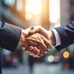 Two businessmen shaking hands in a city setting with warm sunlight, symbolizing agreement, partnership, and successful collaboration.