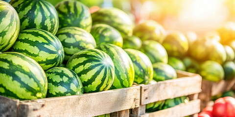 Fresh watermelons in wooden crate at summer farmer market. Green striped melons display. Seasonal harvest for sale. Image for banner, poster, wallpaper with copy space.