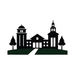 Silhouette of school building with trees nature and white path