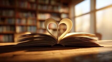 Fototapeta premium An open book forms a heart shape with its pages, set against a cozy library backdrop.