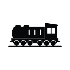 Black silhouette illustration of a classic steam train on rails