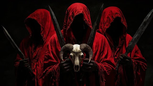 video of Mysterious figures in red hooded cloaks stand in the darkness, holding ritual daggers and a goat skull. Their faces are hidden in shadow, surrounded by Satanic symbols 