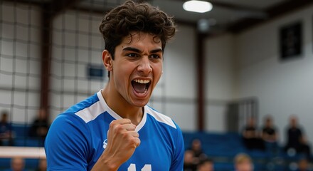 Young male volleyball player celebrating victory in indoor gymnasium  