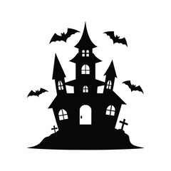 Black silhouette of spooky haunted castle with bats for halloween celebration