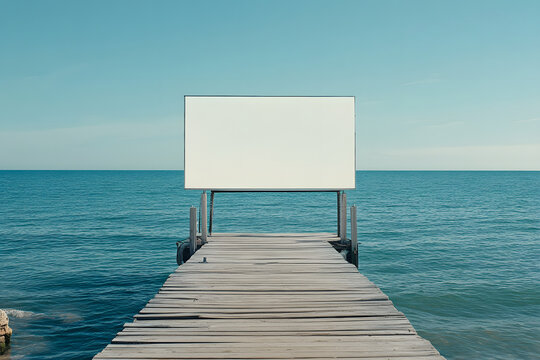 Large digital screen on a wooden dock surrounded by calm ocean waters under clear daylight sky. - Powered by Adobe