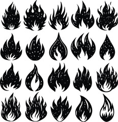 Twenty diverse hand drawn black flame illustrations for design projects