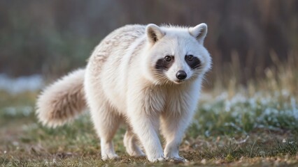 Fototapeta premium Adorable Albino Raccoon Walking on Grass in a Natural Setting, Cute albino raccoon walking on green grass, surrounded by nature