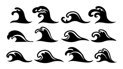 Set of sea wave silhouette isolated on white background.