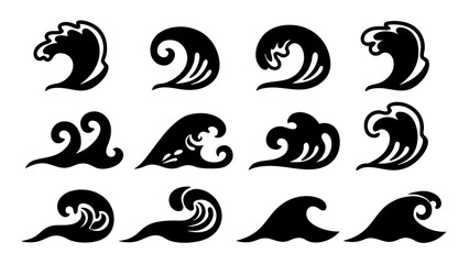 Set of sea wave silhouette isolated on white background.