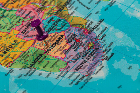 Lviv Ukraine 05.14.25 Location pin marks Botswana on a colorful map of Africa