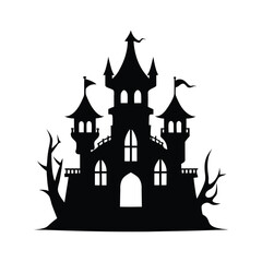 Spooky halloween castle silhouette with bare trees for holiday designs
