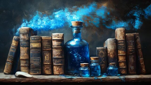 video of A collection of spellbooks and a blue magic potion with swirling smoke. Mana elixir. The concept of magic and wizardry