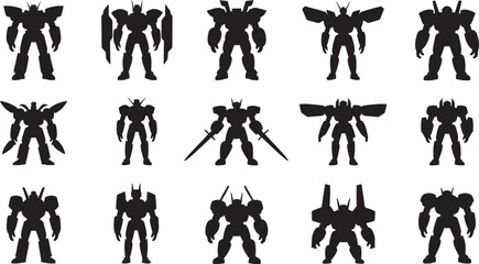 Black silhouette robots in various poses suitable for futuristic science fiction designs © MC Creative