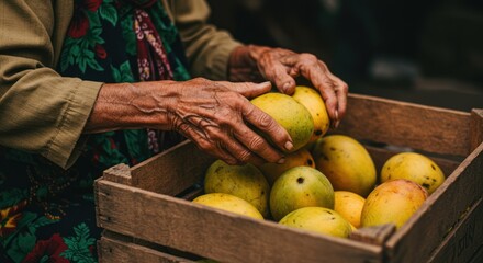 An elderly woman's hands carefully handling ripe mangoes in a wooden crate