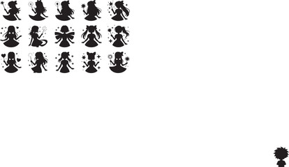 Black silhouette illustrations of fairytale princess girls posing with magical wands and sparkles