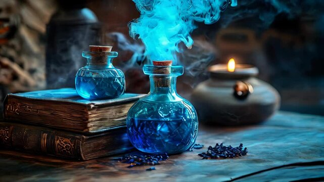 video of A collection of spellbooks and a blue magic potion with swirling smoke. Mana elixir. The concept of magic and wizardry