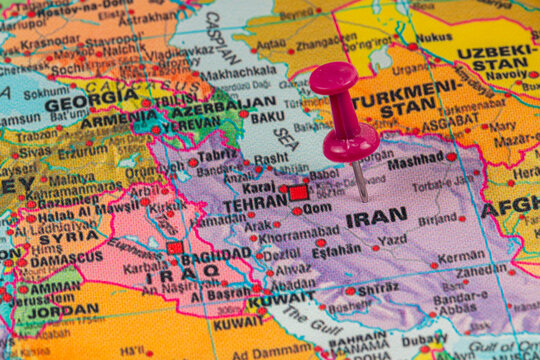 Lviv Ukraine 05.14.25 Location pin marks Tehran on a colorful map of Iran