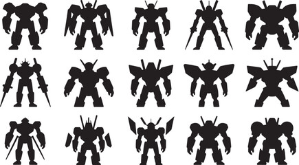 Collection of futuristic robot warrior silhouettes in various poses and designs against white background
