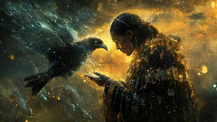 video of The shaman harnesses the energy of the stars, transforming it to journey on a magical rook atop the spirit bird