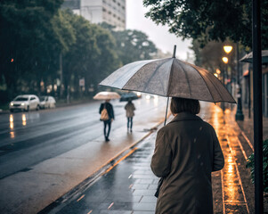  shows a rainy day on a city street, with pedestrians holding umbrellas walking along the sidewalk. The scene is illuminated by streetlights, creating a cozy and somewhat melancholic atmosphere.