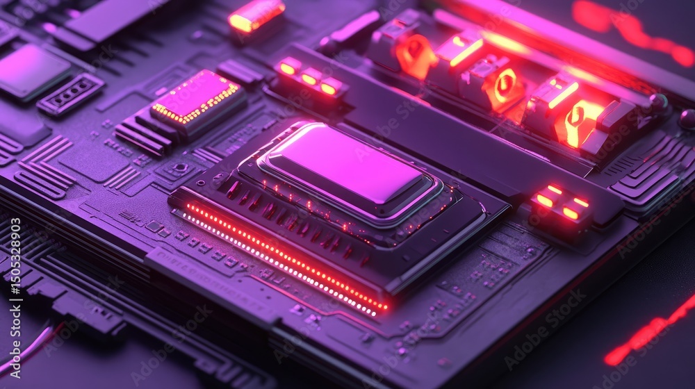 Poster close-up of a futuristic, illuminated computer processor and circuit board