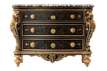 French baroque commode chest drawers black gold scrollwork marble top antique furniture luxury decorative arts classical european craftsmanship.