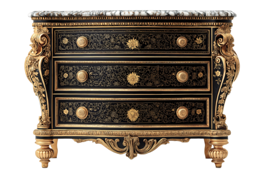 French baroque commode chest drawers black gold scrollwork marble top antique furniture luxury decorative arts classical european craftsmanship.