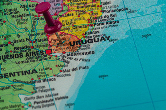Lviv Ukraine 05.13.25 Pin located on a map highlighting Uruguay near Buenos Aires