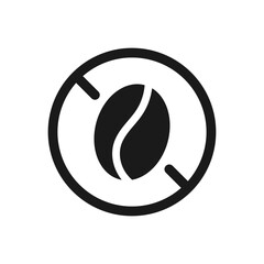 Caffeine free round icon. Decaffeinated product. A sign showing a crossed-out coffee bean. Round symbol indicates without caffeine ingredient drink or food. Decaf ban in circle. Vector illustration. 
