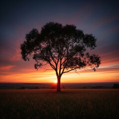 Fototapeta premium Stunning solitary tree, vibrant sunset sky, golden hour, serene landscape. Sharp focus, rich warm tones, cinematic feel. Tranquil, optimistic nature scene