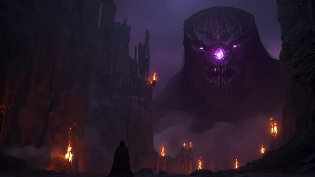 Cloaked figure faces giant monster with glowing eye in fiery, desolate landscape