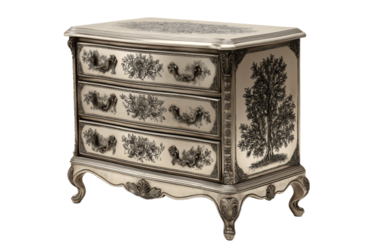 French provincial silver chest of drawers with three drawers featuring hand painted botanical motifs cream finish and curved cabriole legs.