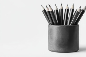 Fototapeta premium Dark grey pencils in a matching holder against a white backdrop