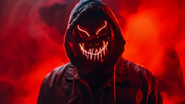video of A person wearing an eerie glowing neon mask and a hood, illuminated by intense, angry lighting, set against a dark red background. Halloween and horror theme