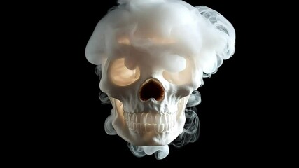 Ethereal white smoke envelops a skull against a black backdrop, creating a haunting and mysterious image