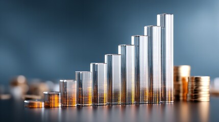 3D Glass Vertical Bar Chart Rising on Blue Background, Modern Business Data Visualization