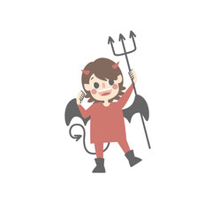 happy halloween holiday festival with boy wearing devil costume holding trident, flat vector illustration cartoon