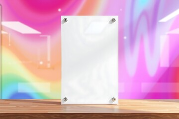 Realistic transparent A4 acrylic signage mockup for branding, logo display, office, marketing, advertising, business use.